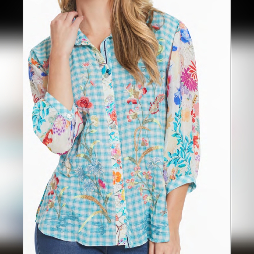 John Mark Embroidered Button Front Top